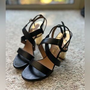 Salvatore Ferragamo Black Strappy Leather Block Heel Sandals